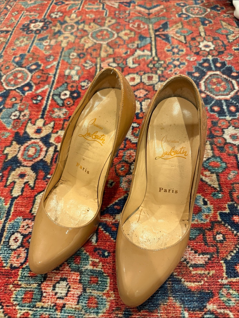 Christian Louboutin Beige Patent Leather Pointed Toe Pumps. Size 36